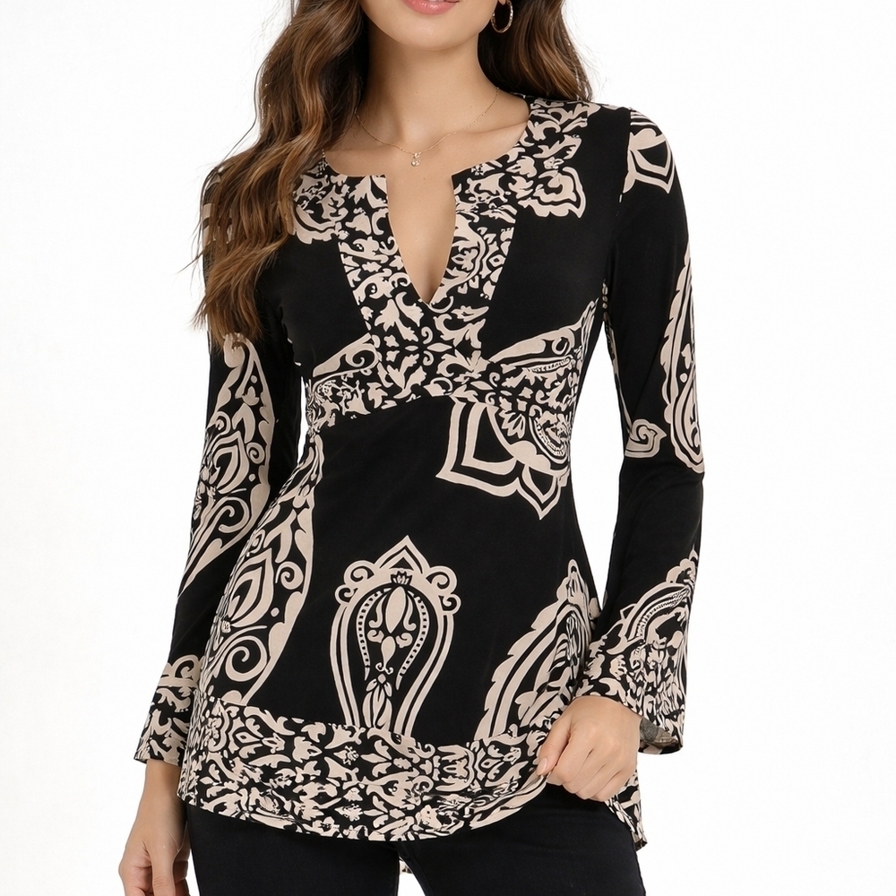 WHBM Y2k Black and White Paisley Patterned Tie Back Tunic